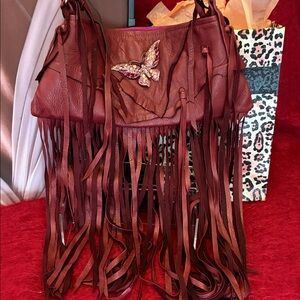 JULIE EWING DESIGN DK MAROON DISTRESSED LEATHER PURSE BAG RODEO COWGIRL FRINGE